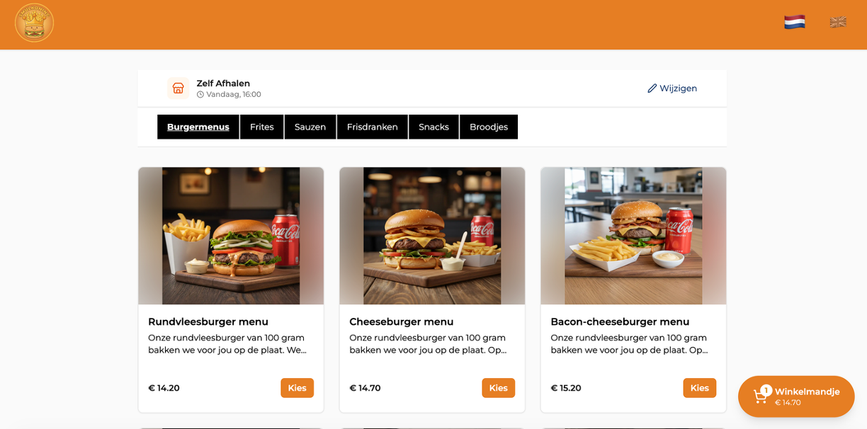 Voorbeeld bestelsite desktop, menu