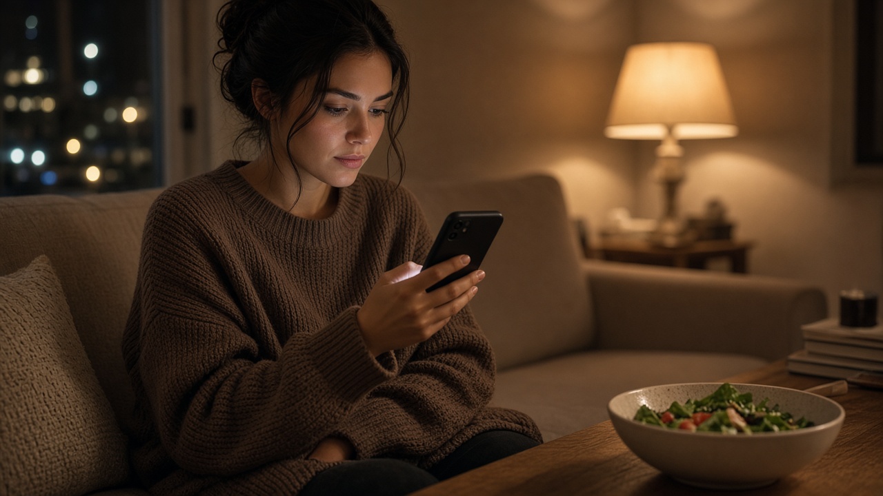Iemand bestelt een maaltijd vanaf de bank op een smartphone